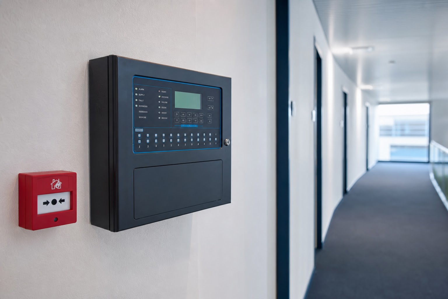 Ústredňa elektrickej požiarnej signalizácie na chodbe budovy