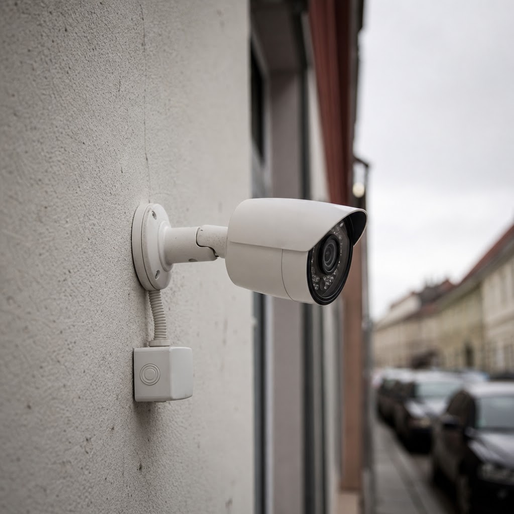 Detail bezpečnostnej kamery CCTV na fasáde budovy